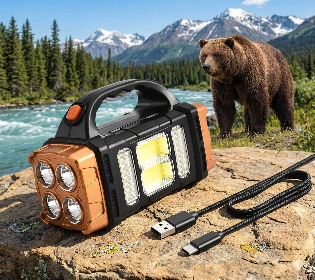 Portable LED work light on a rock with a bear and mountain landscape in the background Biggreenbear.com
