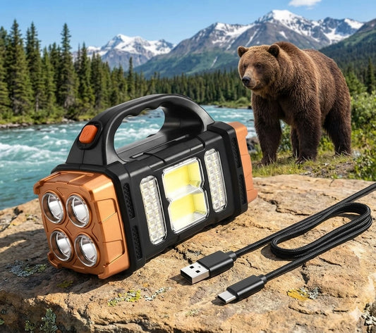Portable LED work light on a rock with a bear and mountain landscape in the background Biggreenbear.com