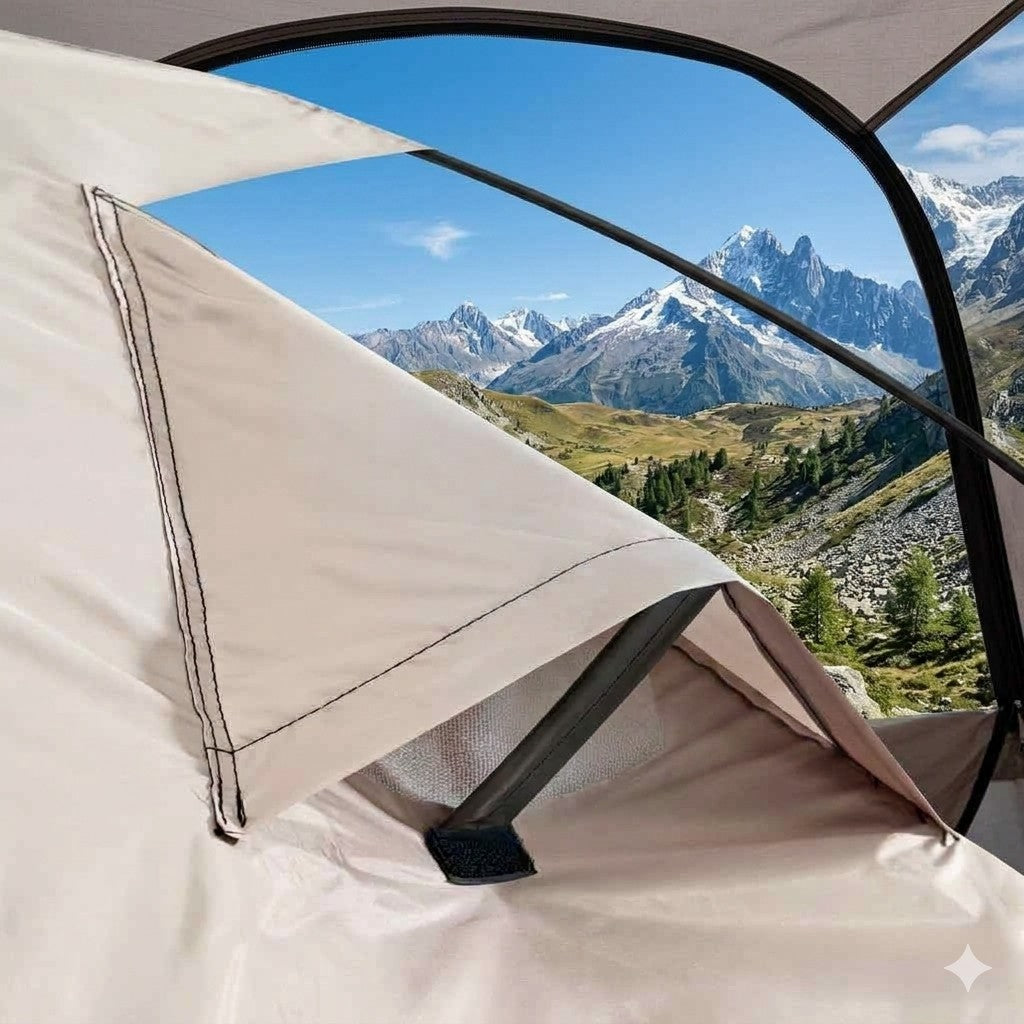 Camping tent with a view of mountains and blue sky