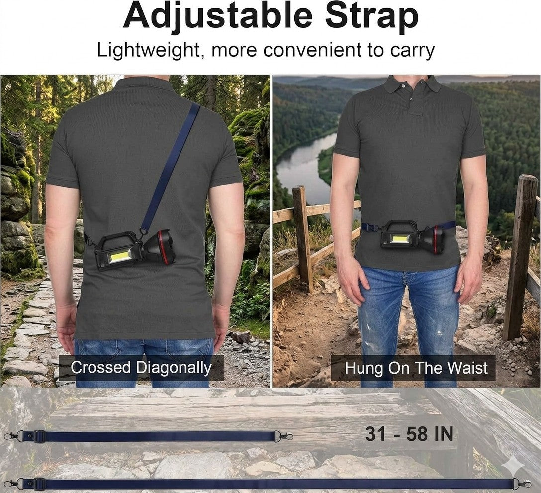 Person wearing a black shirt with an adjustable strap, shown in two positions: crossed diagonally and hung on the waist, with a scenic background.