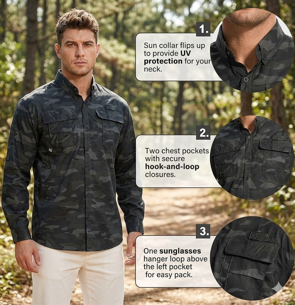 Man wearing a black camouflage shirt with features highlighted in a forest setting