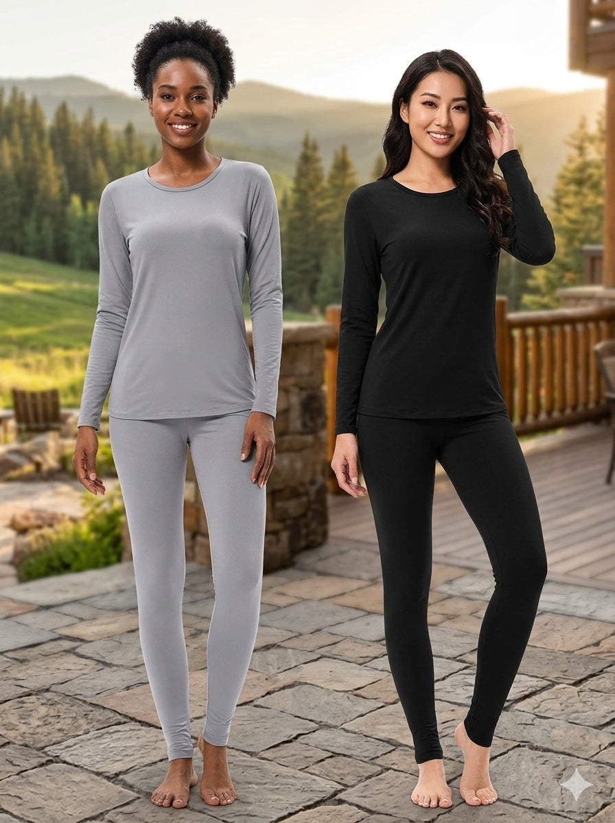 Two women modeling matching long-sleeve pajama sets in light gray and black, standing barefoot on a stone patio with a mountain and forest background. big green bear biggreenbear.com