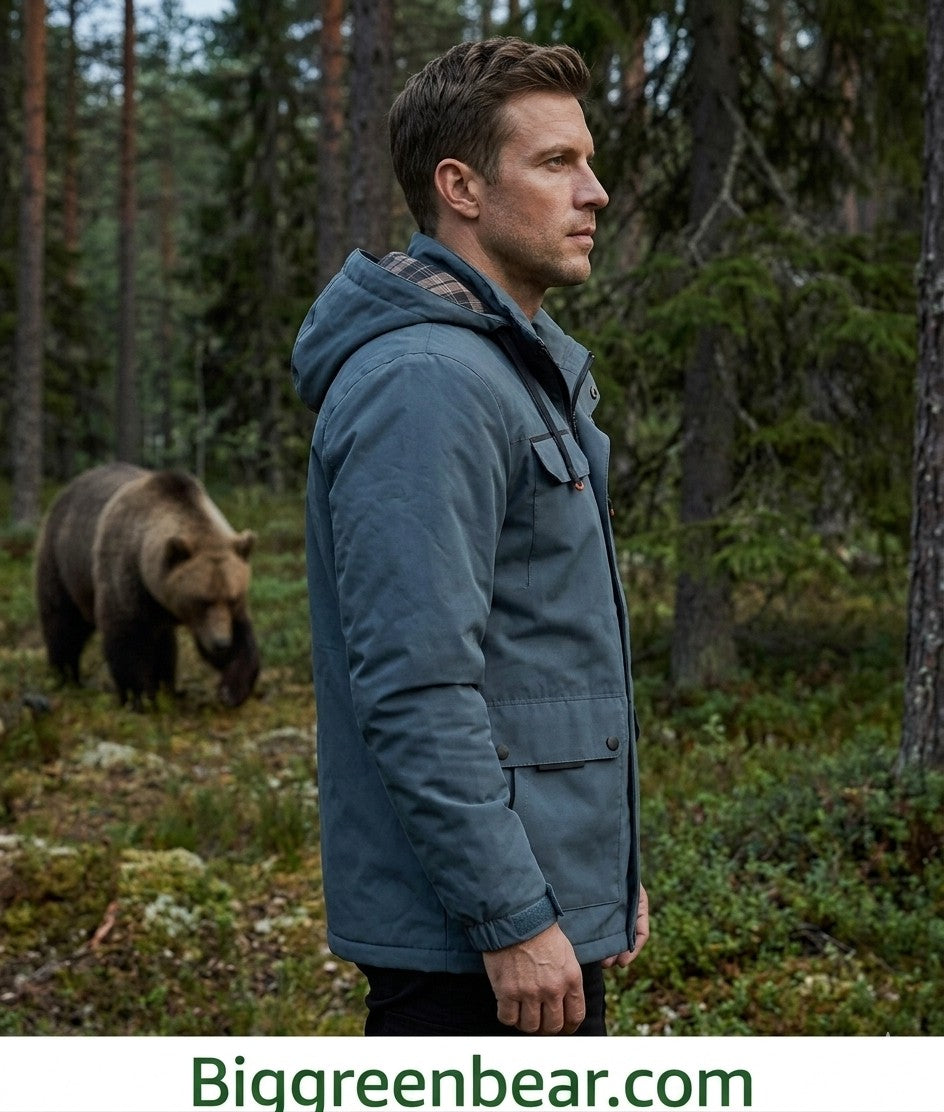 Man in a blue jacket standing in a forest with a bear in the background, featuring Biggreenbear.com branding.