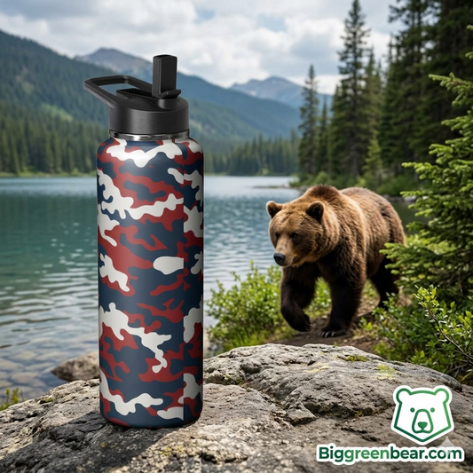 Camouflage-patterned water bottle on a rock with a bear and lake in the background, featuring the Biggreenbear.com logo.