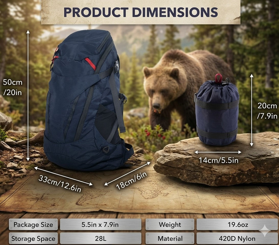 Navy blue backpack and drawstring bag with bear and forest background, showing product dimensions.