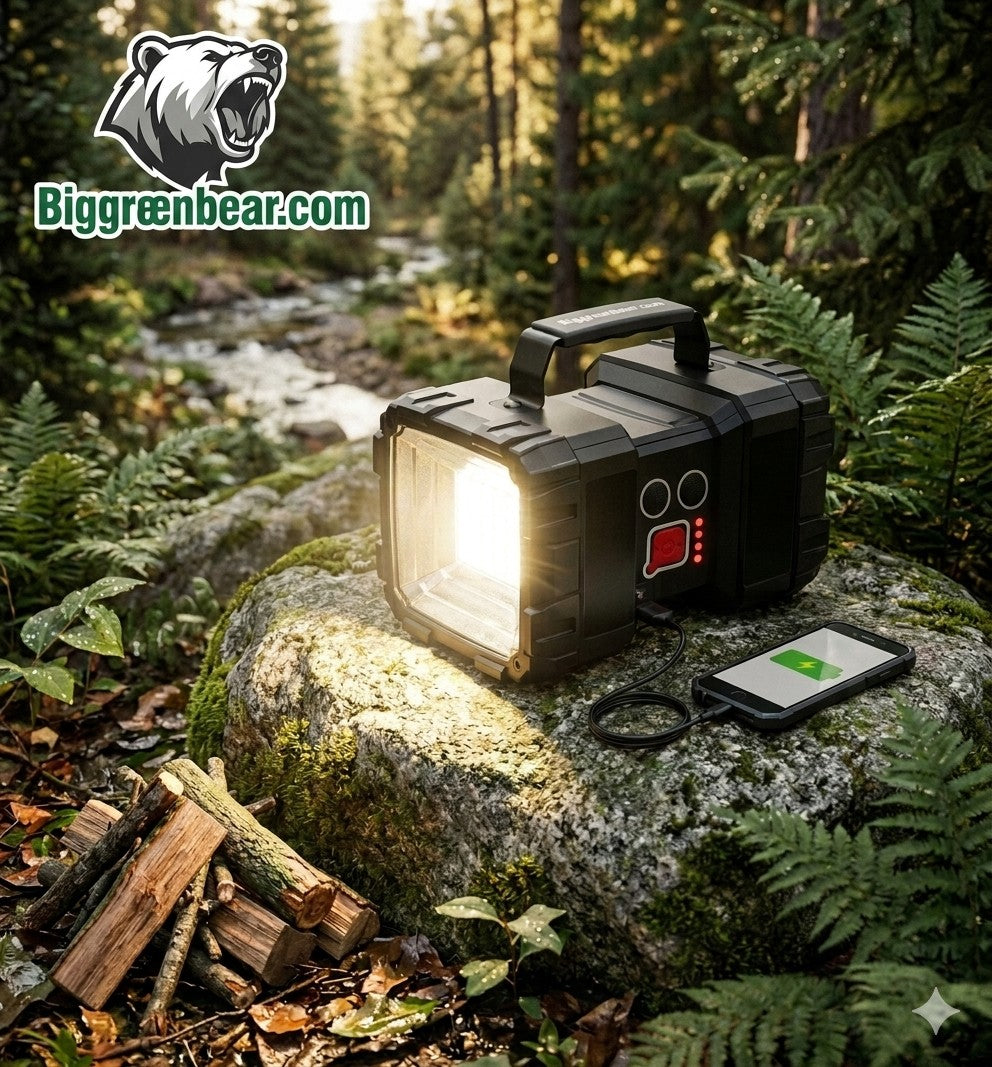 Portable lantern on a rock in a forest with a phone connected to it, featuring Biggreenbear.com logo.