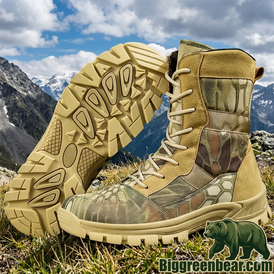 Camouflage boot with a mountainous landscape in the background Biggreenbear.com Big Green Bear