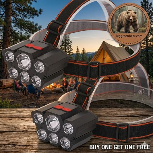 Two headlamps with a camping scene in the background featuring a bear. Biggreenbear.com Big Green Bear