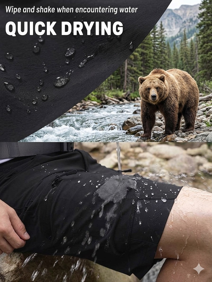 Black shorts with water droplets and a bear in a forest, emphasizing quick drying.