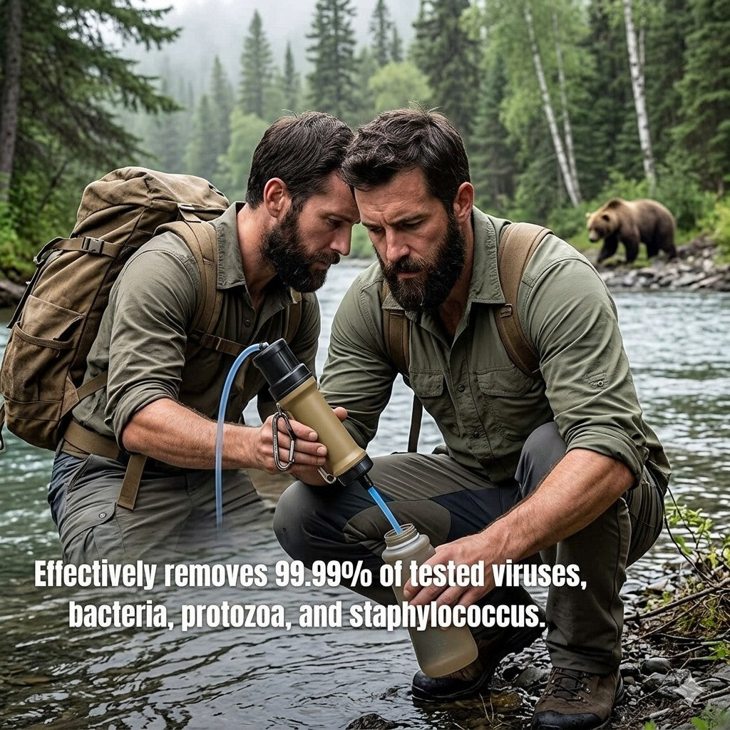 Two men in outdoor gear by a river with a bear in the background, holding water bottles with text about virus removal.