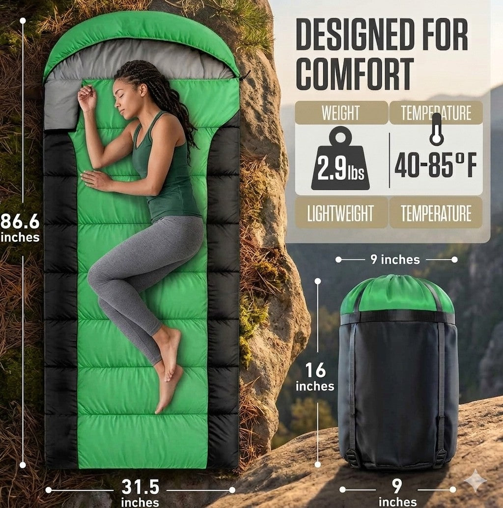 Green sleeping bag with a woman lying on it, surrounded by camping gear and information about its features.