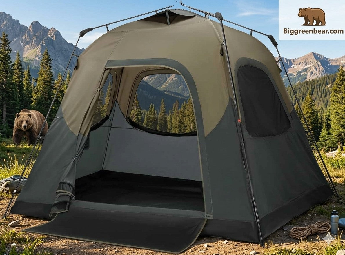 Camping tent with bear and mountain scenery in the background Biggreenbear.com Big Green Bear