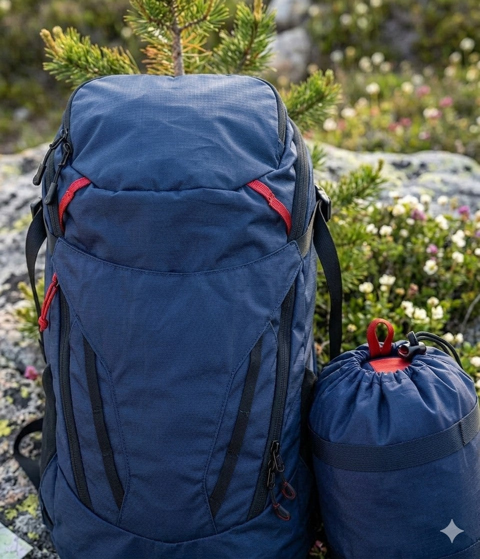 Blue hiking backpack and sleeping bag in a natural setting with greenery. Biggreenbear.com Big Green Bear