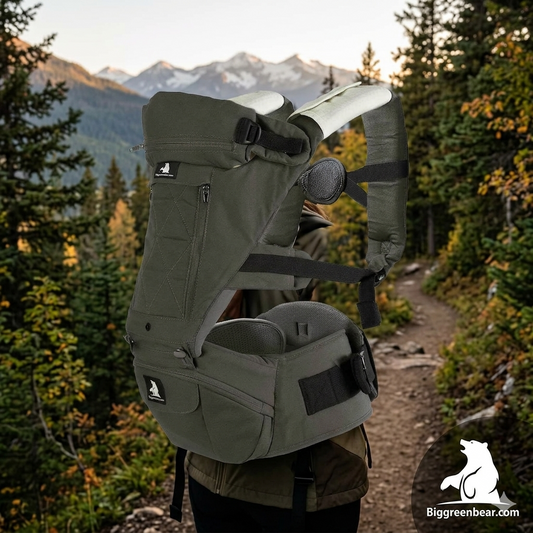 Green baby carrier worn by a person in a forest with mountains in the background Biggreenbear.com