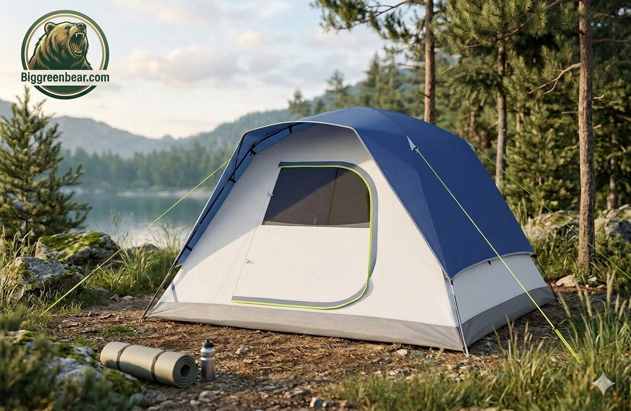 Camping tent set up in a natural outdoor setting with trees and water in the background. Big Green Bear