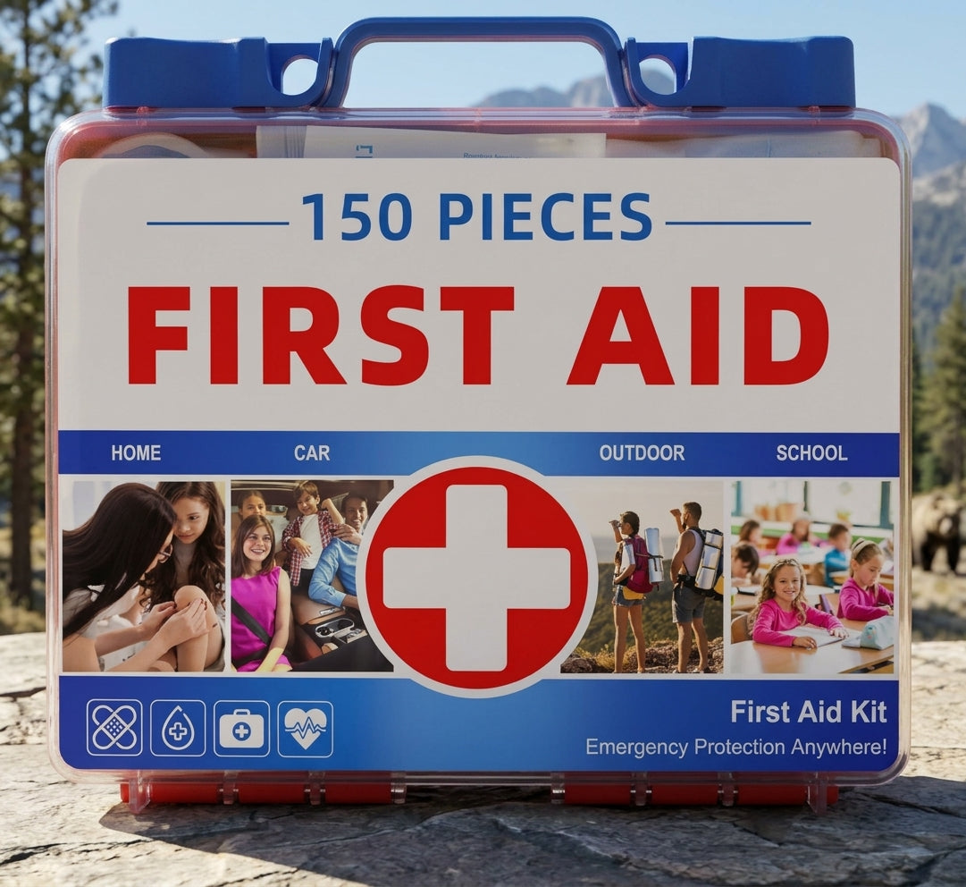 Portable 150-piece first aid kit in a high-visibility red hard plastic case with secure slide latches, designed for emergency car and home safety. ig green bear