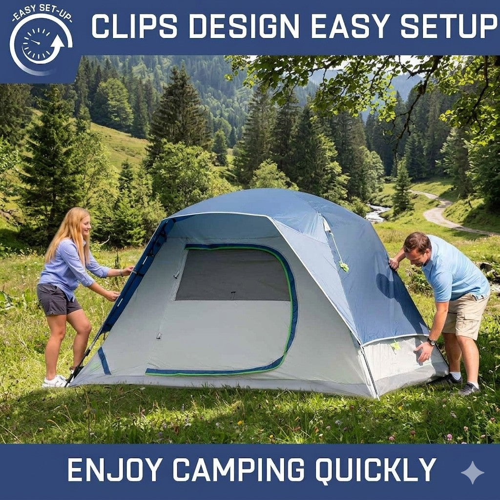 Two people setting up a tent in a scenic outdoor setting with text about easy setup and camping.