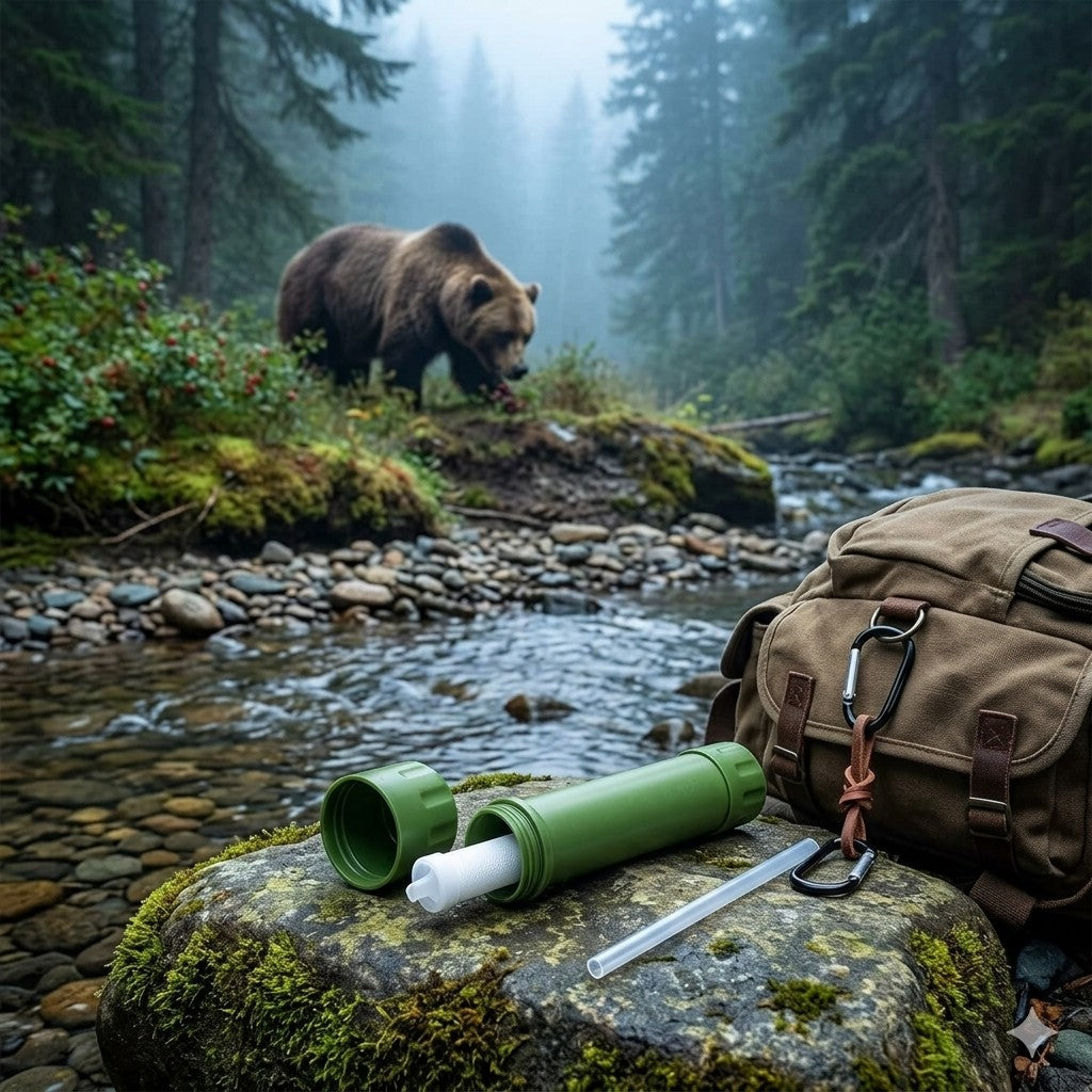Brown bear in a forest near a stream with camping gear on a rock.