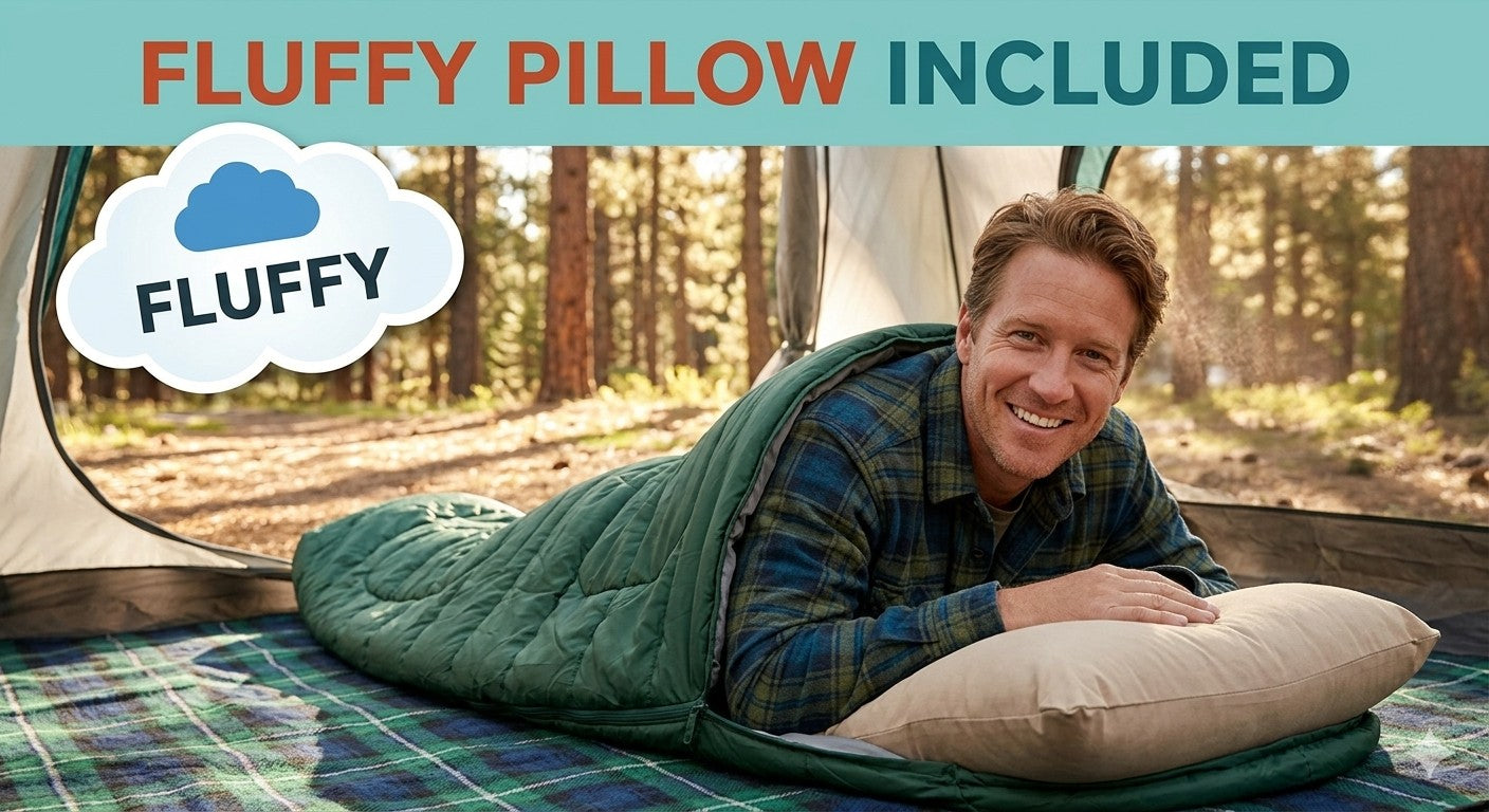 Man lying in a sleeping bag with a fluffy pillow included, surrounded by nature.
