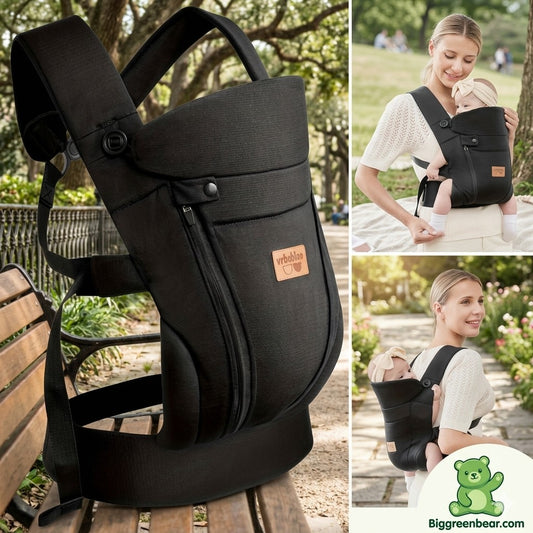 Black baby carrier on a bench with a woman holding a child in a park setting. Biggreenbear.com