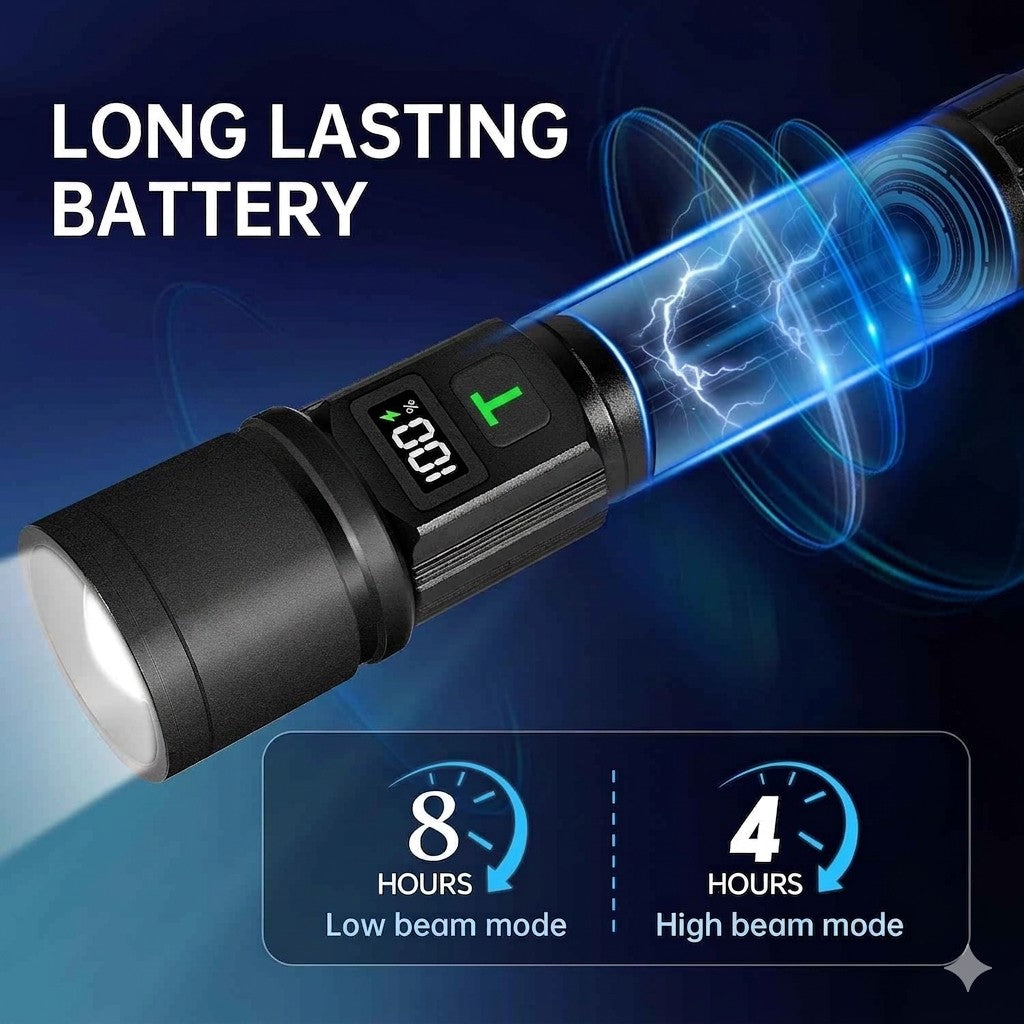 Flashlight with digital display on a blue background, highlighting long-lasting battery feature.