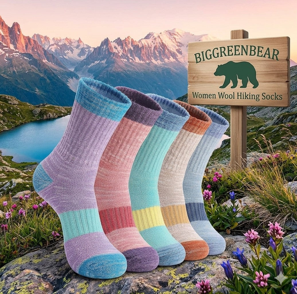 Colorful women's wool hiking socks with a 'BigGreenBear' sign in a mountainous landscape. big green bear