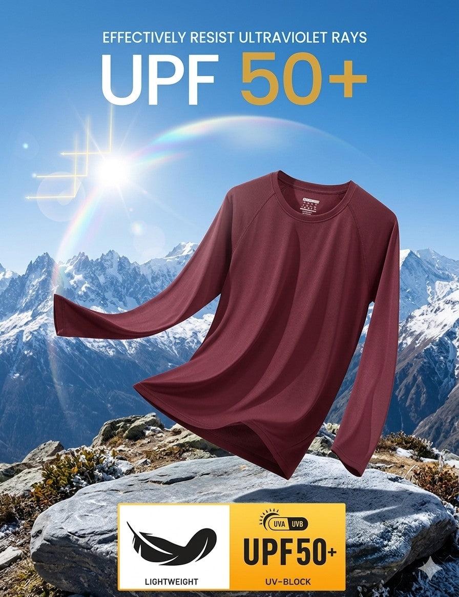 Maroon long-sleeve shirt with UPF 50+ label against a mountainous background
