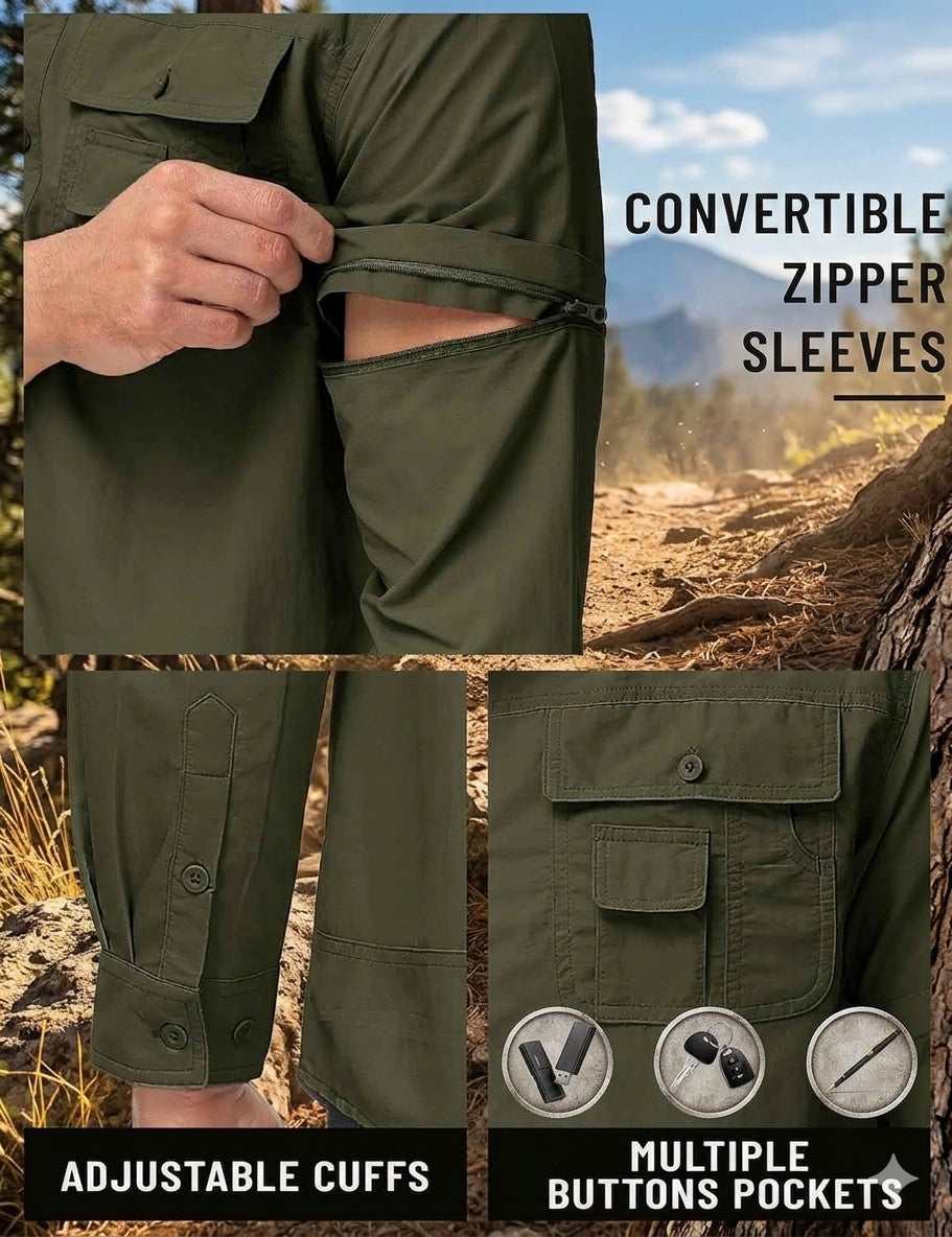 Green pants with convertible zipper sleeves, adjustable cuffs, and multiple button pockets in a natural setting.
