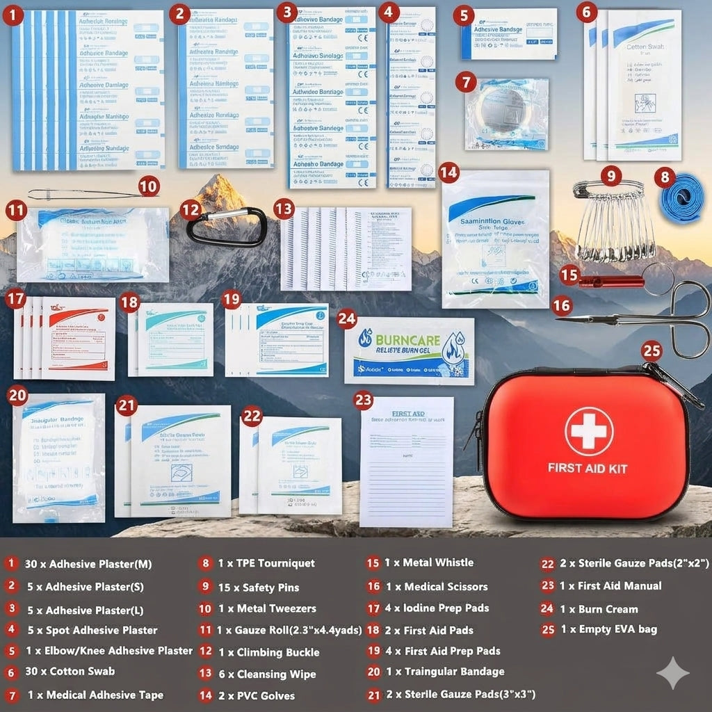 A comprehensive first aid kit set displayed in a numbered layout with a red zippered case and a white text listing detailing each included item, set against a dark gray and blue textured background.