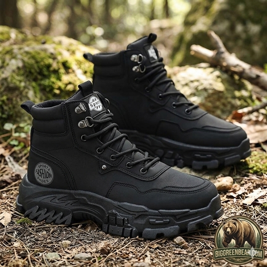 Black hiking boots on a natural background with 'Big Green Bear' branding.