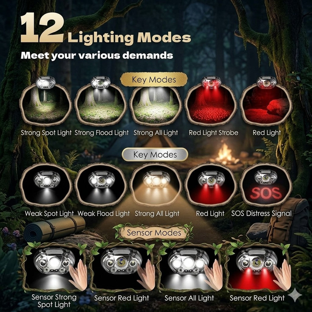 Headlamp with 12 lighting modes displayed against a forest background