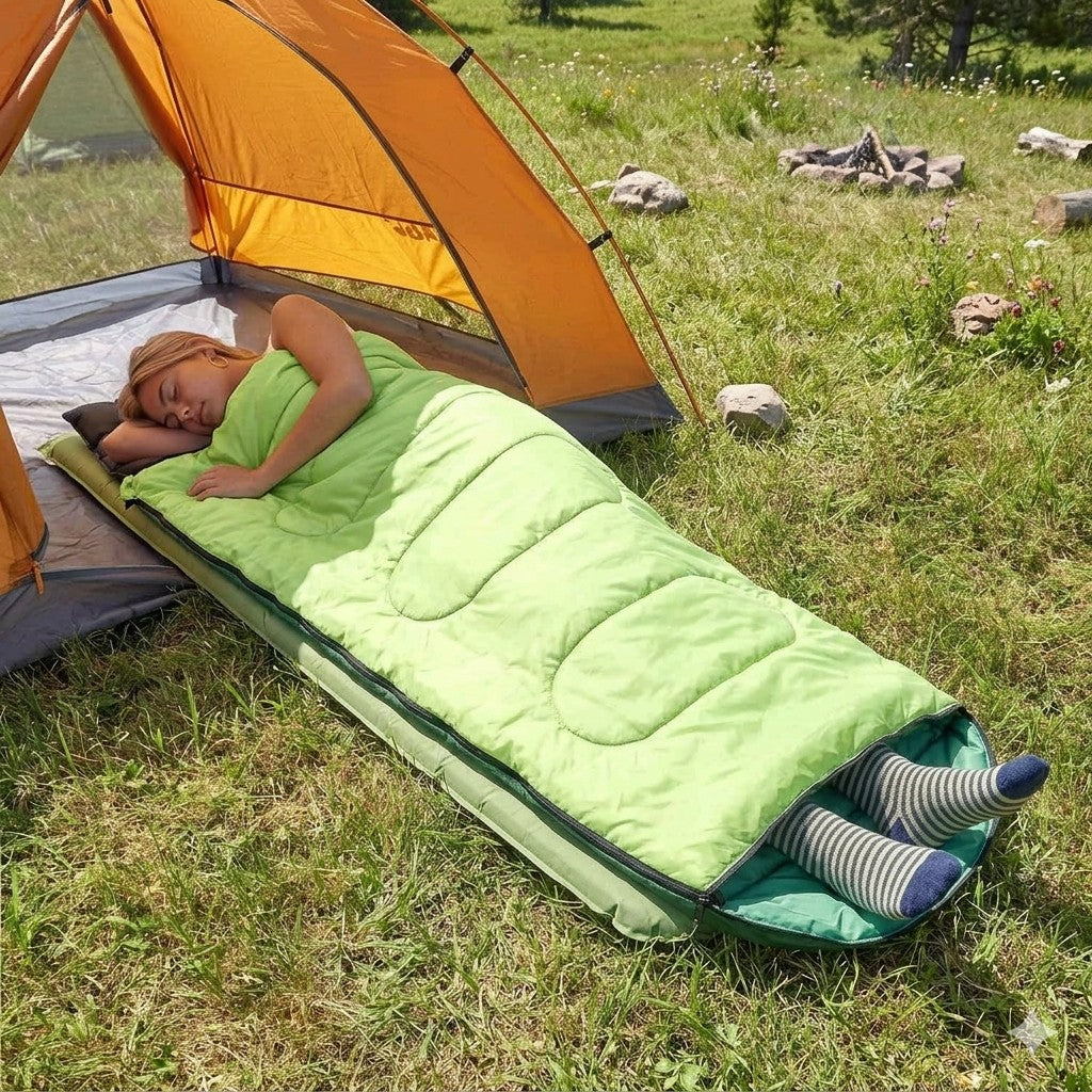 Person sleeping in a green sleeping bag next to an orange tent in a grassy outdoor setting.