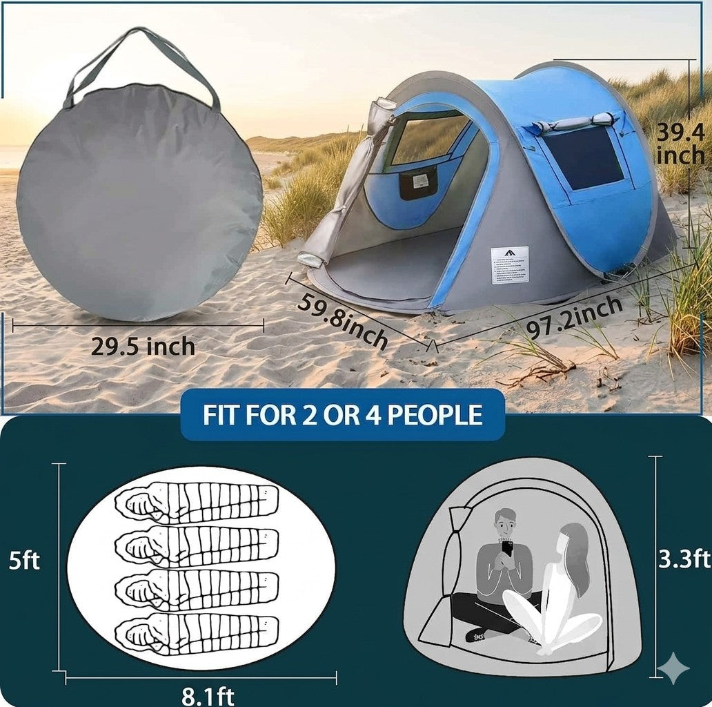 Camping tent with dimensions and capacity information on a beach background