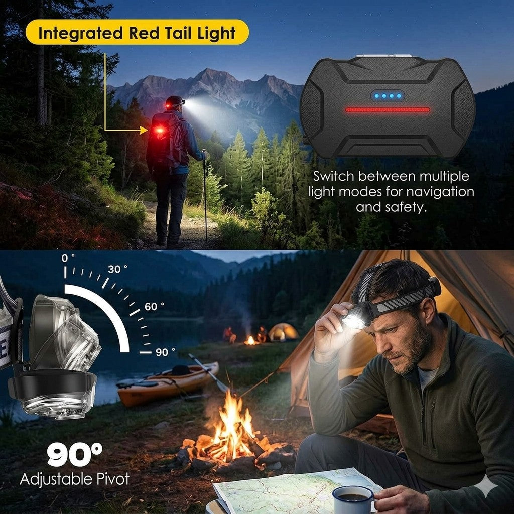 Headlamp with red tail light feature in outdoor settings