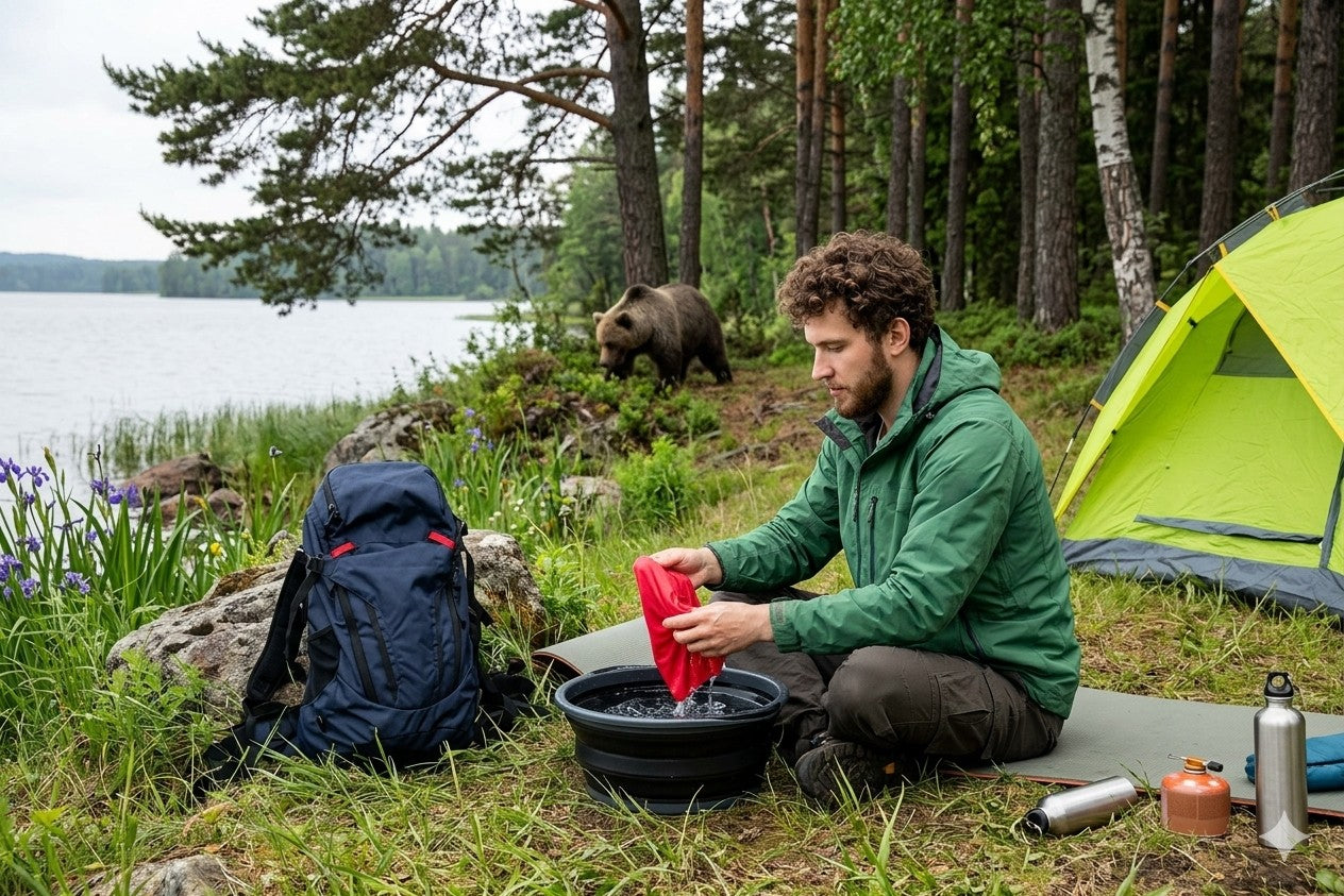 Man camping by a lake with a bear in the background