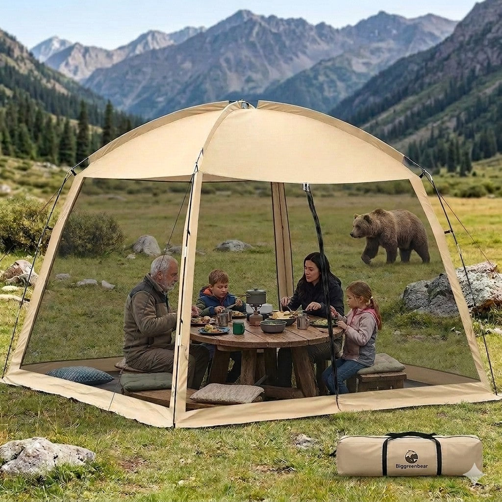 Family camping in a mountainous area with a bear nearby, inside a transparent tent.