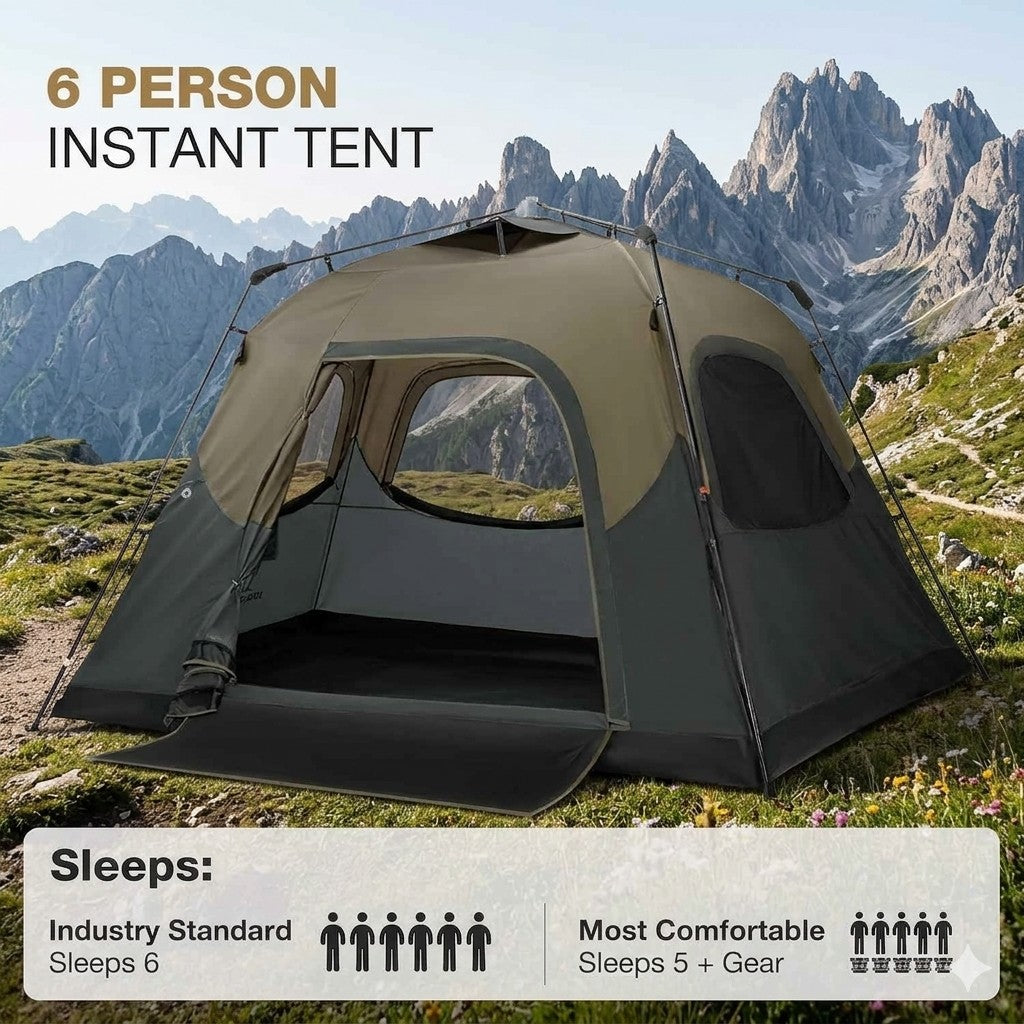 6 person instant tent with mountainous landscape in the background