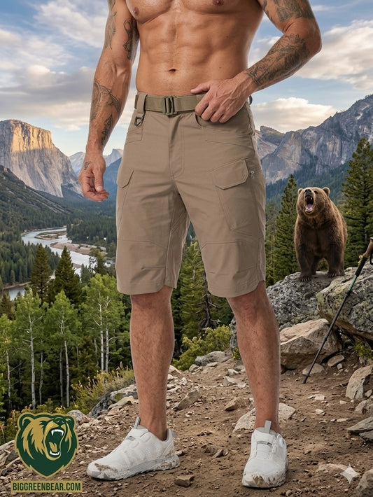"Back view of Big Green Bear Men's Tactical Hiking Shorts in khaki, featuring water-resistant fabric and secure cargo pockets on a male hiker in a mountain setting."