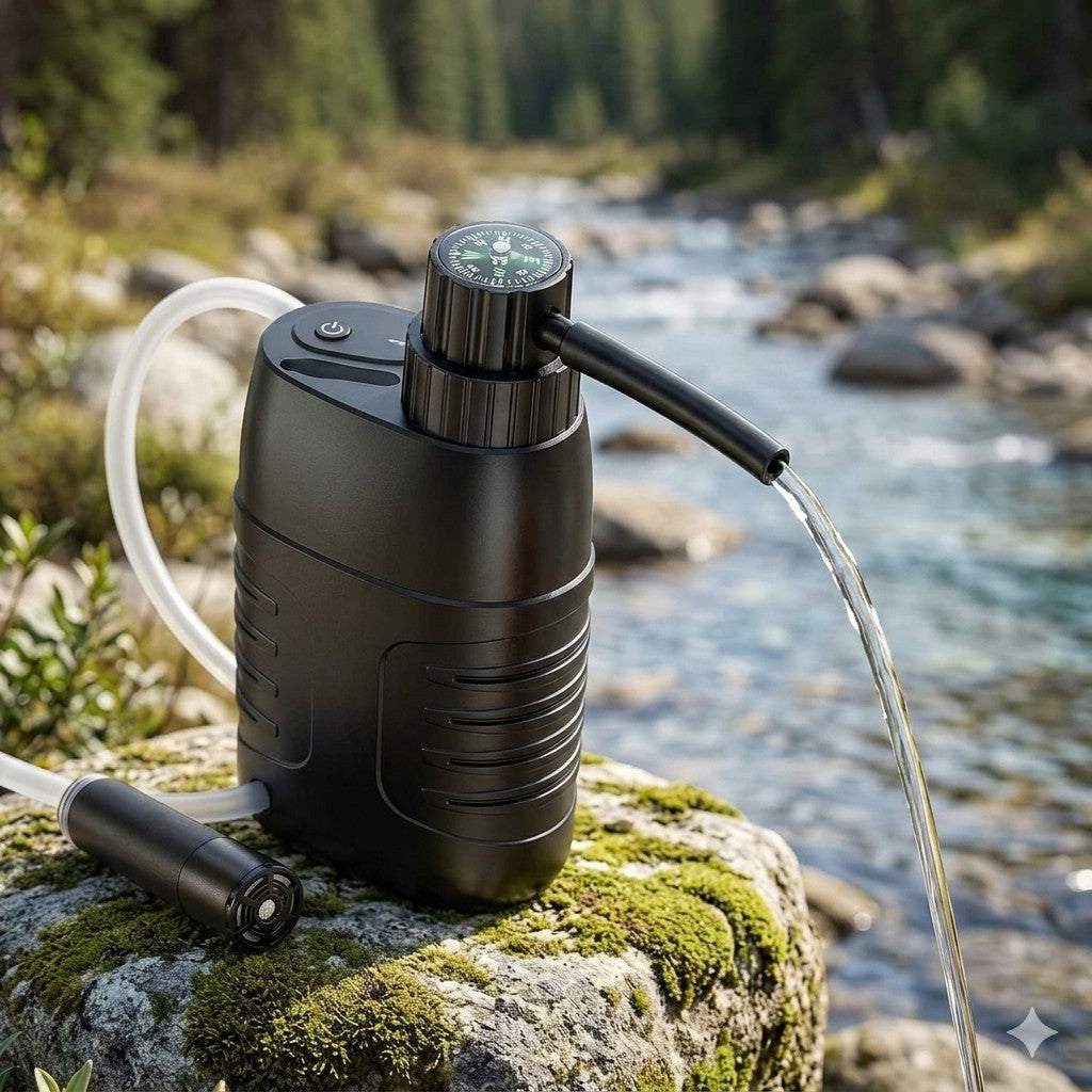 Black water filter pump on a rock by a stream with a forest background