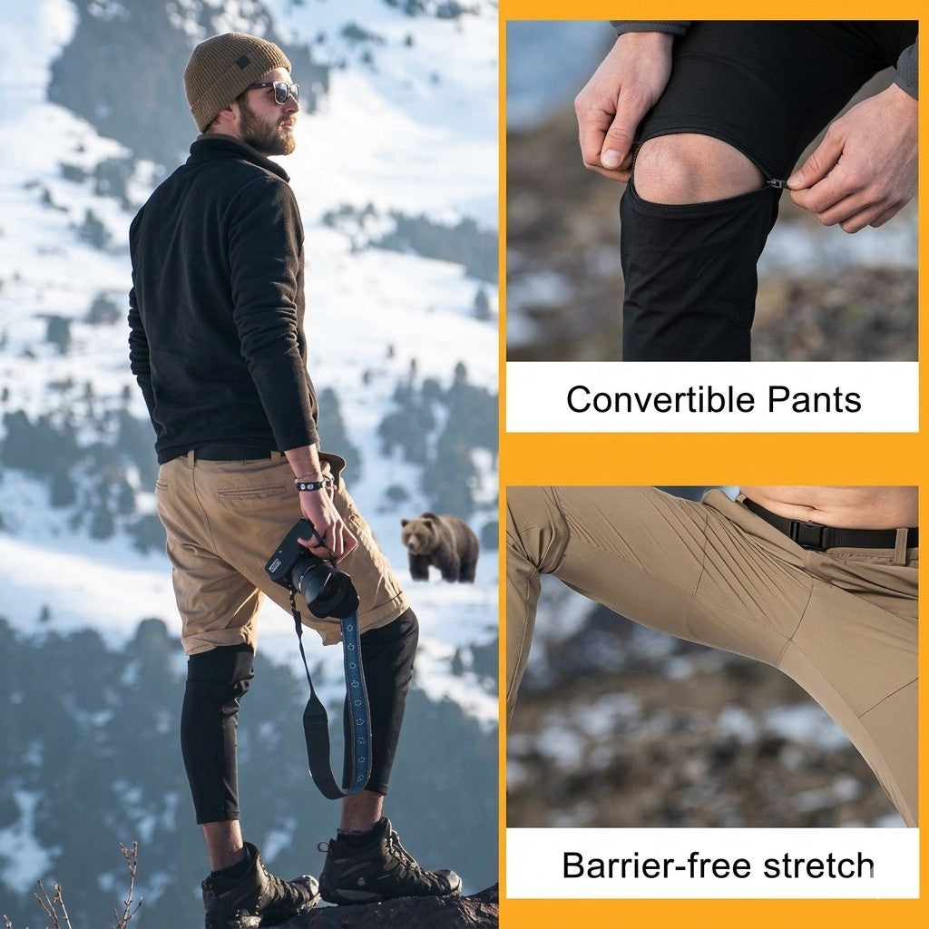 Person wearing convertible pants in a mountainous area with close-up of the pants.