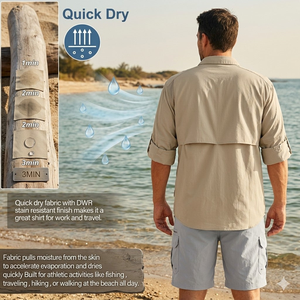 Man wearing a beige shirt by a beach with quick dry fabric features highlighted.