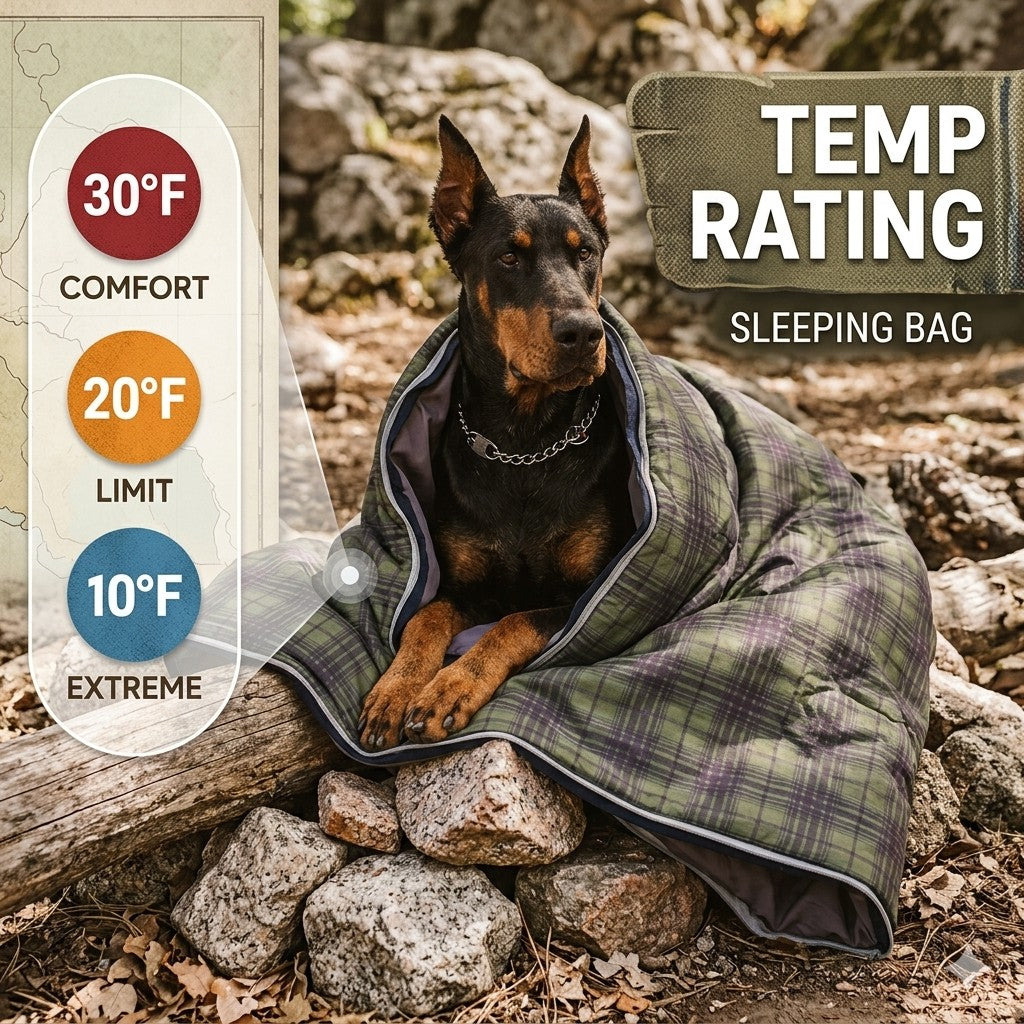 Dog wrapped in a plaid sleeping bag with temperature rating labels outdoors.