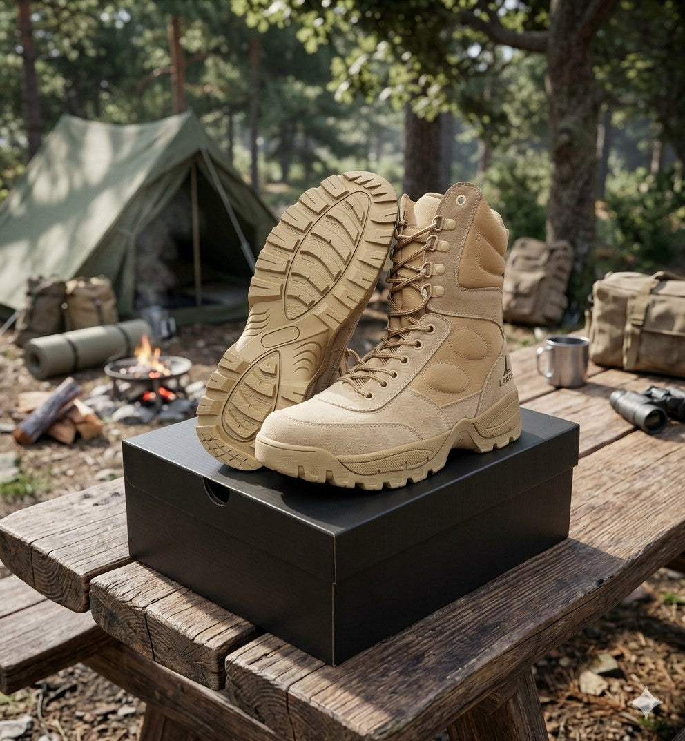 A pair of tan tactical combat boots displayed on a black shoe box on a rustic wooden picnic table, with a forest campsite, tent, and fire pit in the background. big green bear