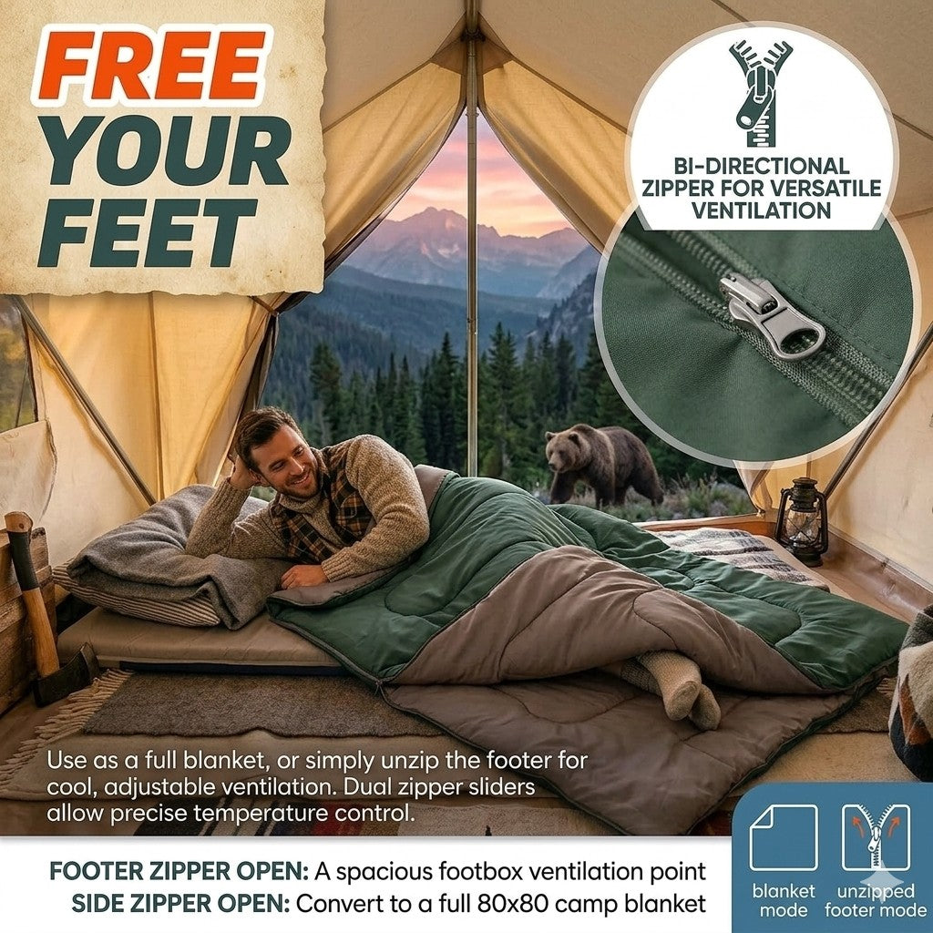 Person lying in a tent with a bear outside, featuring a freebie blanket and zipper details.