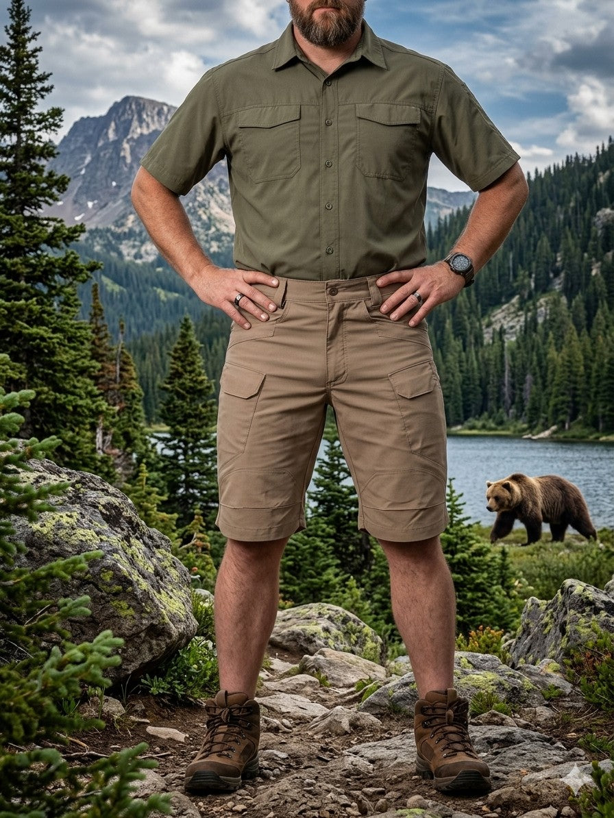 "Back view of Big Green Bear Men's Tactical Hiking Shorts in khaki, featuring water-resistant fabric and secure cargo pockets on a male hiker in a mountain setting."