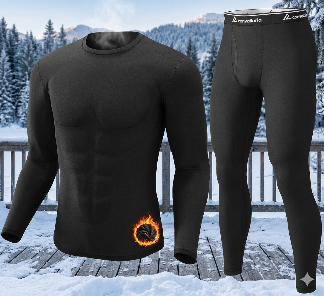 Black long-sleeve shirt and leggings with a flame logo on a snowy background Biggreenbear.com