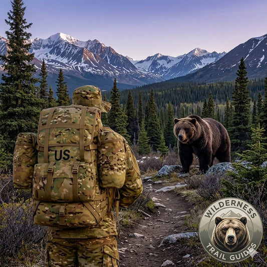 Person in camouflage gear with a bear in a mountainous forest, Wilderness Trail Guides logo visible Biggreenbear.com