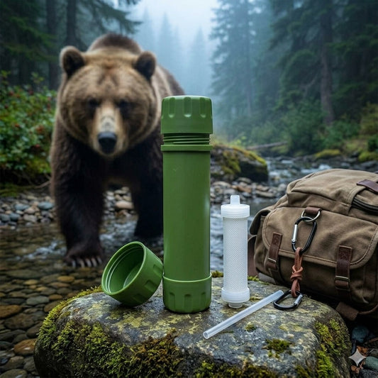 Green water filter bottle with accessories on a rock in front of a bear in a forest setting Big Green Bear