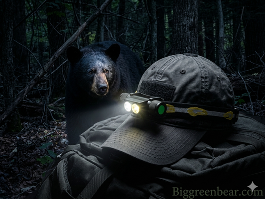 Person wearing a headlamp in a forest with a bear nearby Biggreenbear.com Big Green Bear
