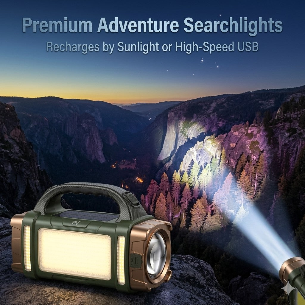 Adventure searchlight on a mountain with scenic view, recharges by sunlight or USB